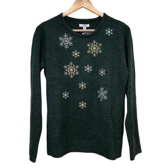 NWT Croft and Barrow Hunter Green crewneck snowflake sweater size M - Picture 1 of 9